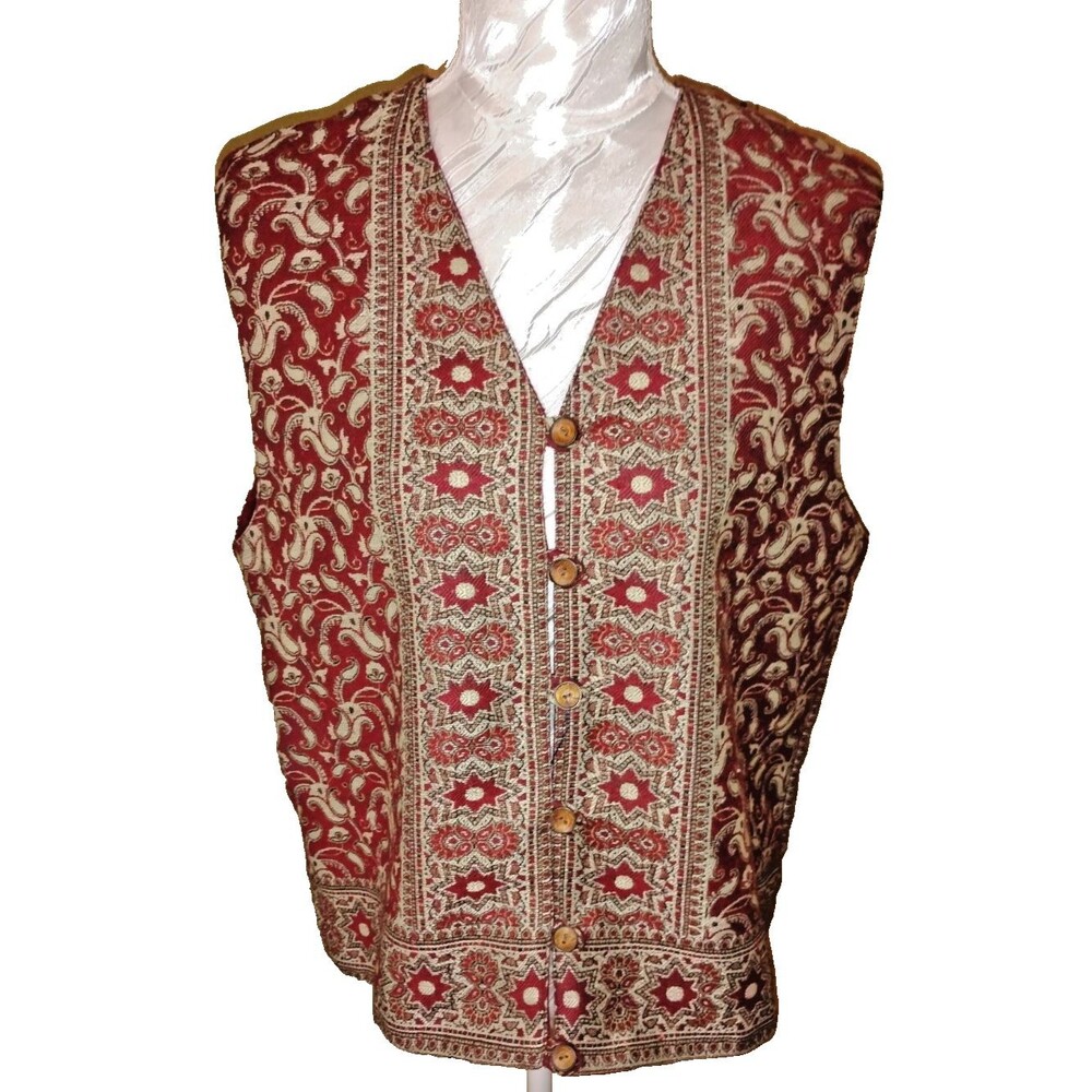 Women's Vintage 90s Orvis Floral Tapestry Vest M Cottoncore Burgundy Gold Boho